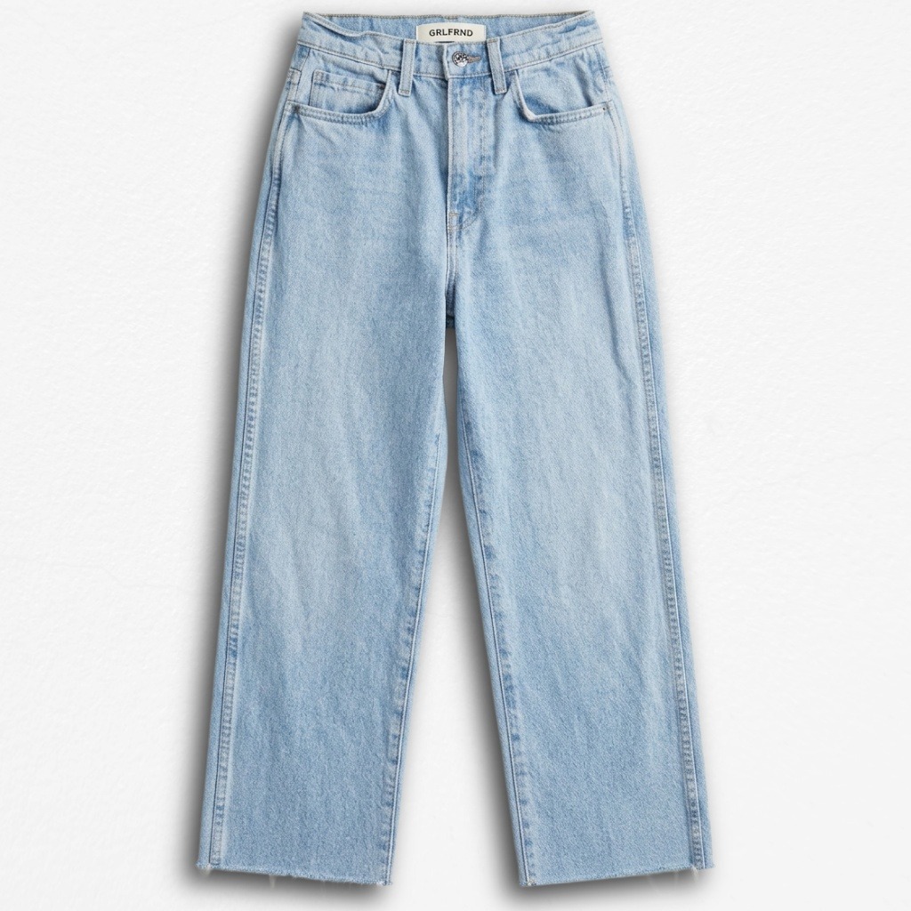 Grlfrnd High Waisted Baggy Wide Leg Jeans Light Wash Raw Hem Size 24